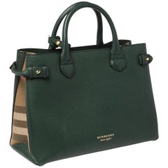 Burberry Green/Beige Leather and House Check Fabric Medium Banner Tote