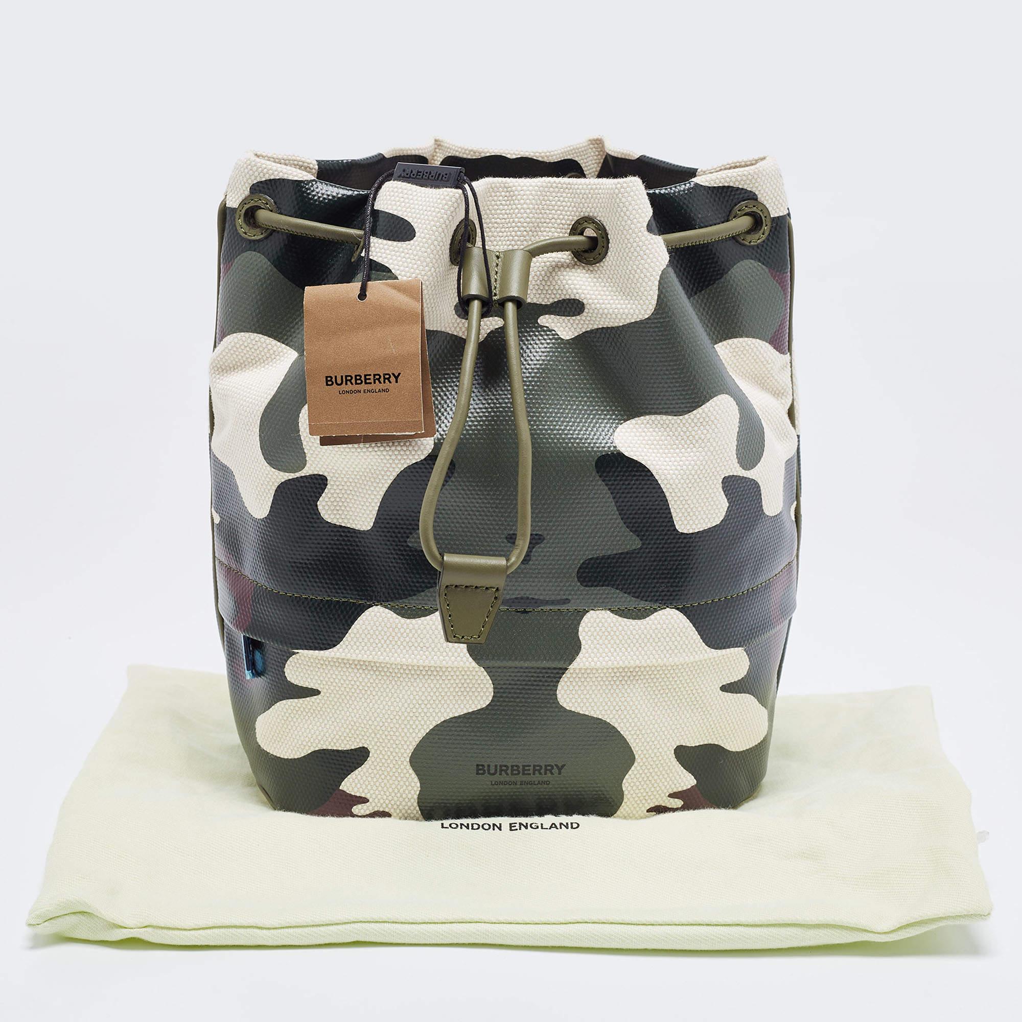 Burberry Green Camouflage Coated and Canvas Phoebe Drawstring Pouch For Sale 9