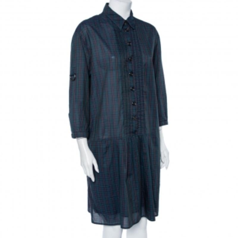 Women's Burberry Green Checkered Cotton Pintuck Detail Shift Dress L