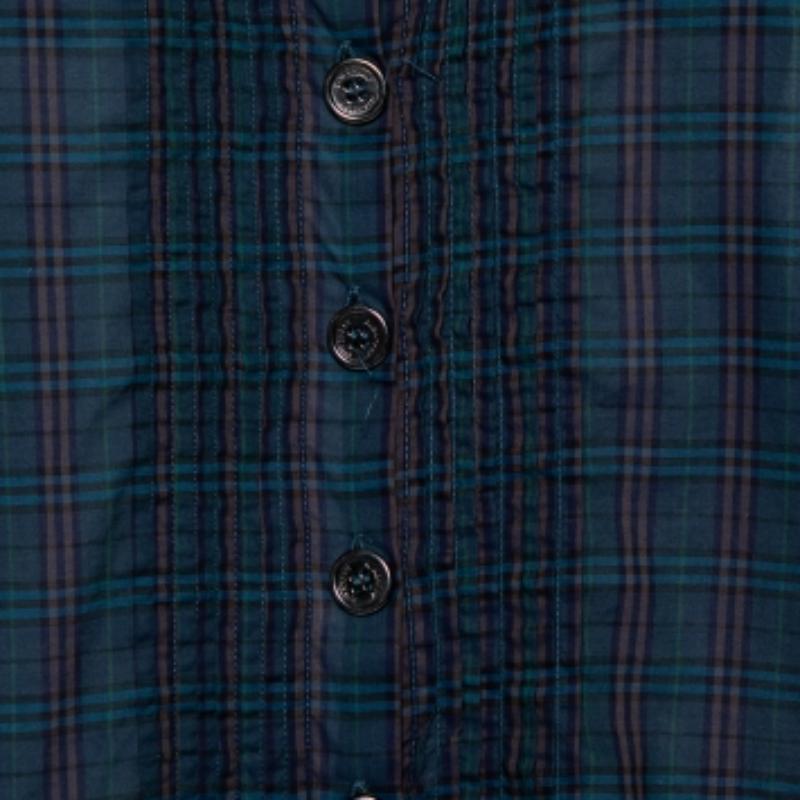 Burberry Green Checkered Cotton Pintuck Detail Shift Dress L 2