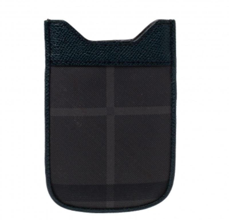 Black Burberry Green/Grey Check Canvas and Leather Phone Pouch For Sale