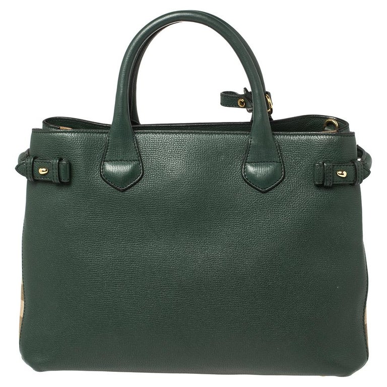 Burberry Green Leather and House Check Fabric Medium Banner Tote at 1stDibs