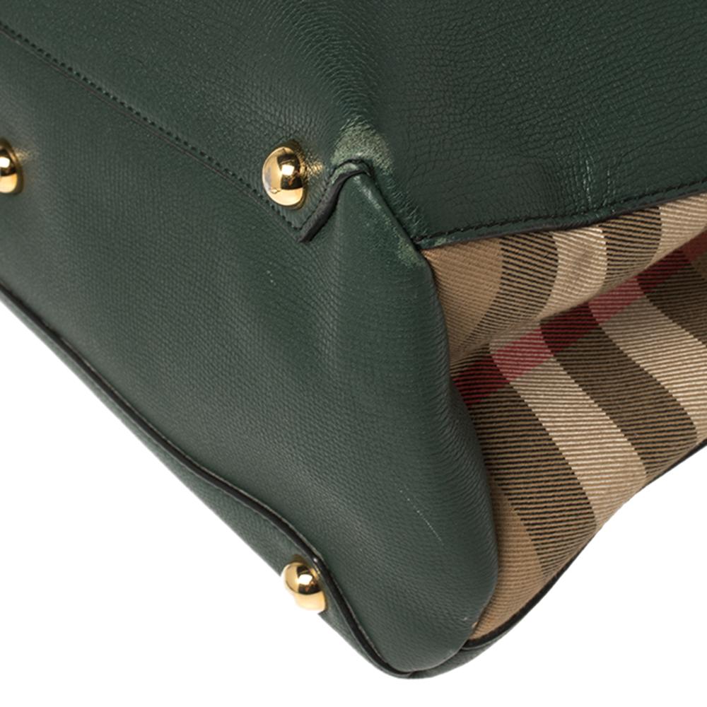 Burberry Green Leather and House Check Fabric Medium Banner Tote 4