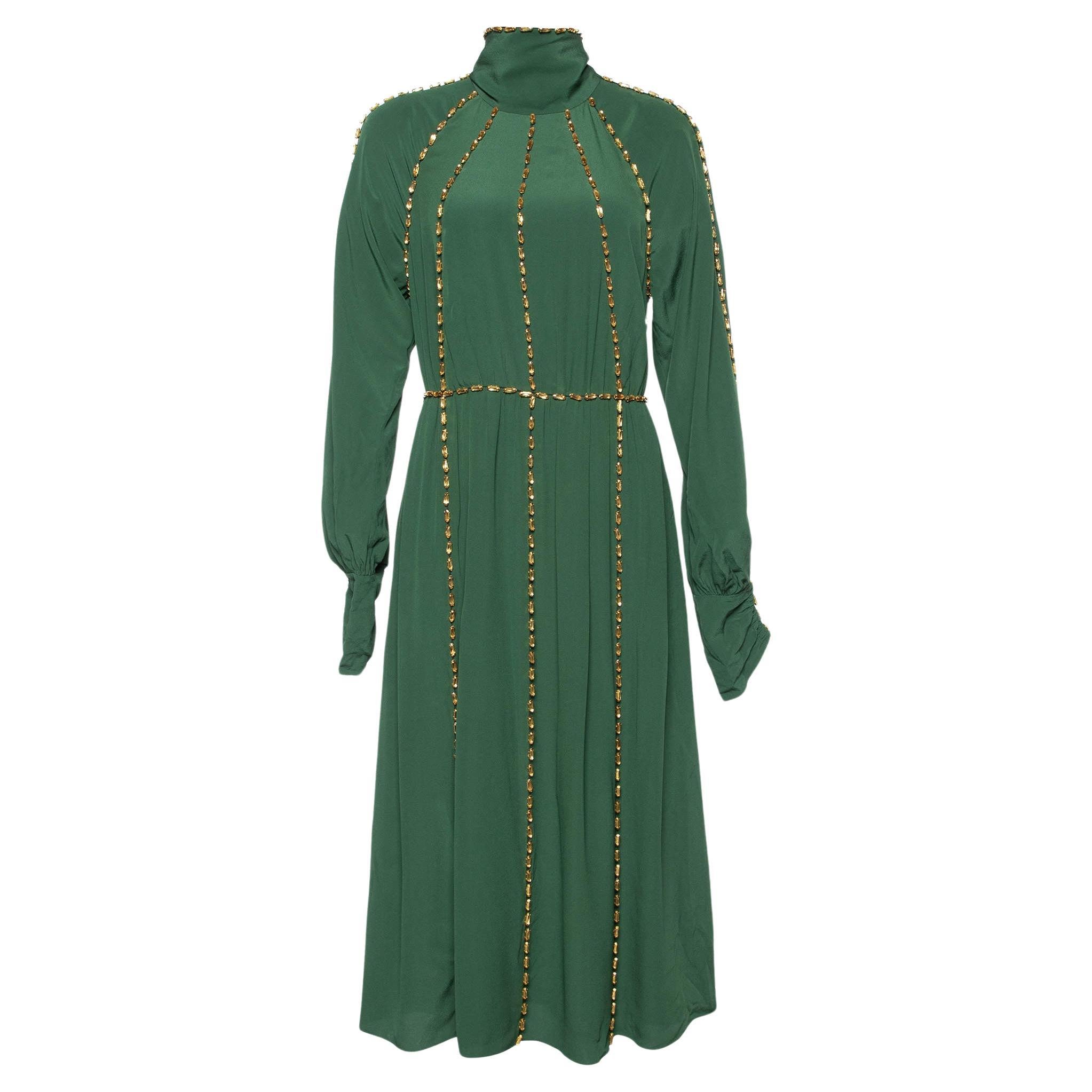 Burberry Green Silk Crystal Embellished Long Sleeve Gown S For Sale