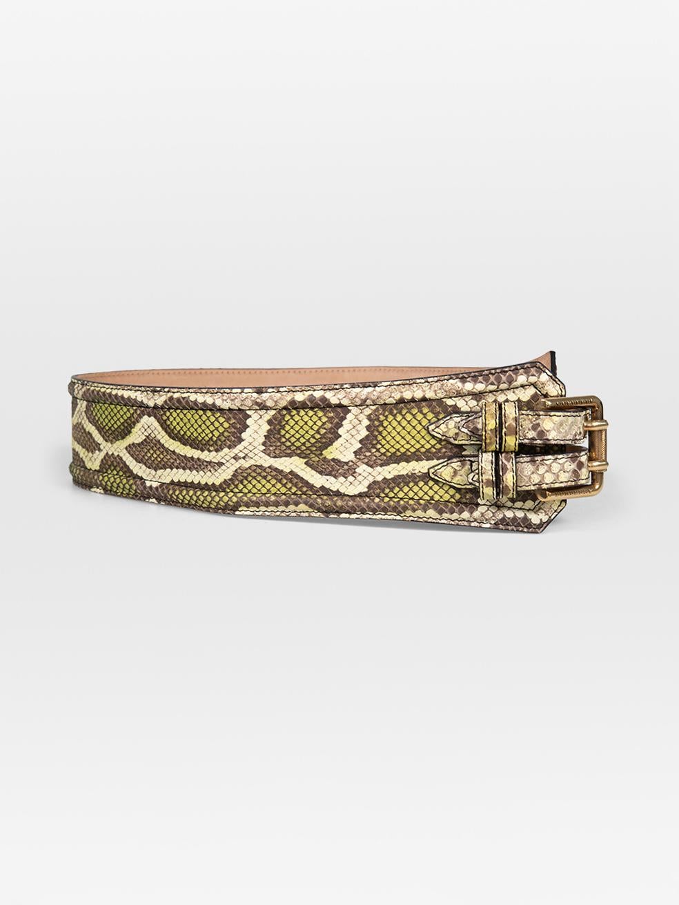 CONDITION is Very good. Minimal wear to the belt is evident. Scratching on the inner side of this used Burberry designer resale item.
 
 
 
 Details
 
 
 Green
 
 Snakeskin
 
 Wide belt
 
 Double buckle fastening
 
 Gold tone hardware
 
 
 

 
 Made
