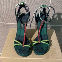 Burberry Green Tartan Plaid Canvas Strappy Cone Heel Sandals