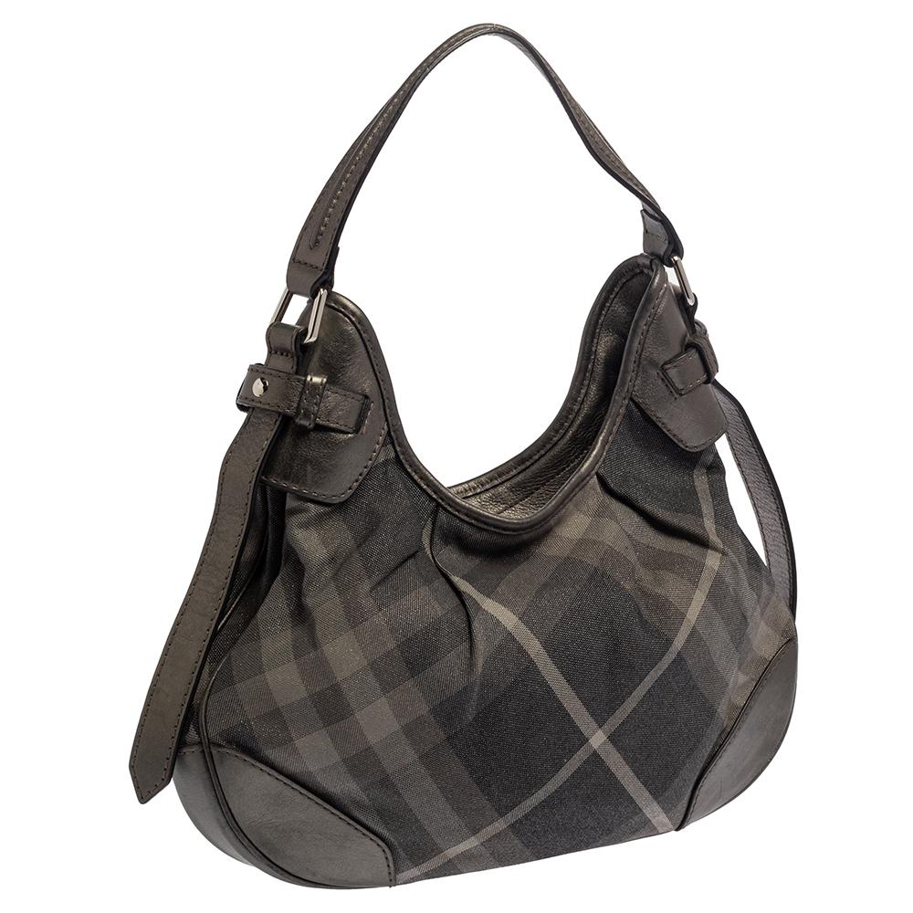 Black Burberry Grey Beat Check Shimmer Canvas and Leather Small Brooklyn Hobo