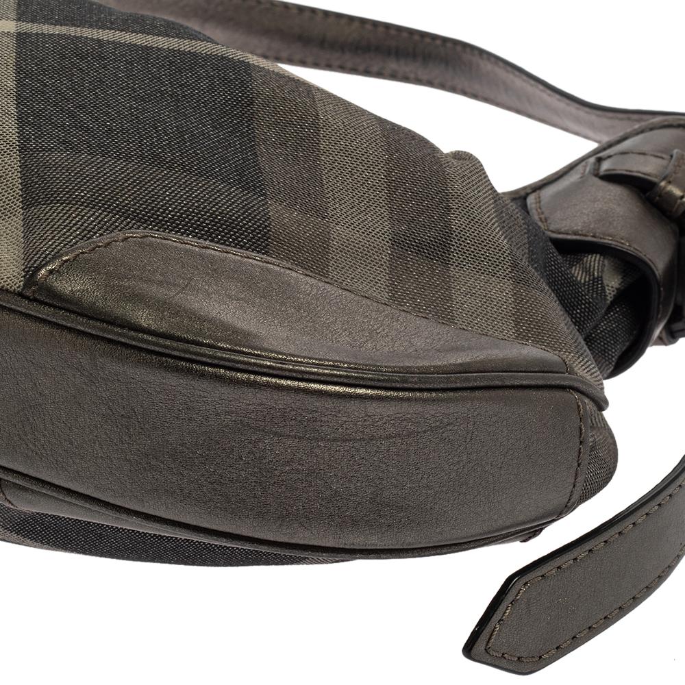 Women's Burberry Grey Beat Check Shimmer Canvas and Leather Small Brooklyn Hobo