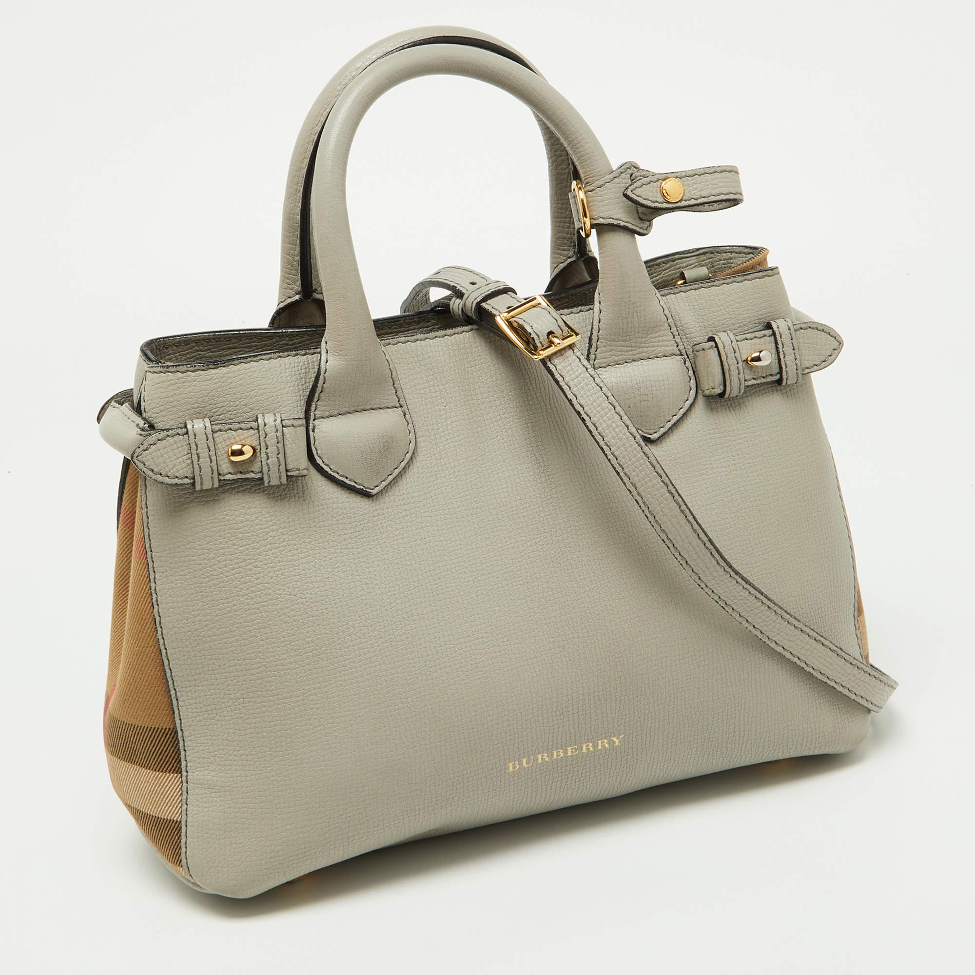 Burberry Grey/Beige Leather and House Check Fabric Small Banner Tote For Sale 9