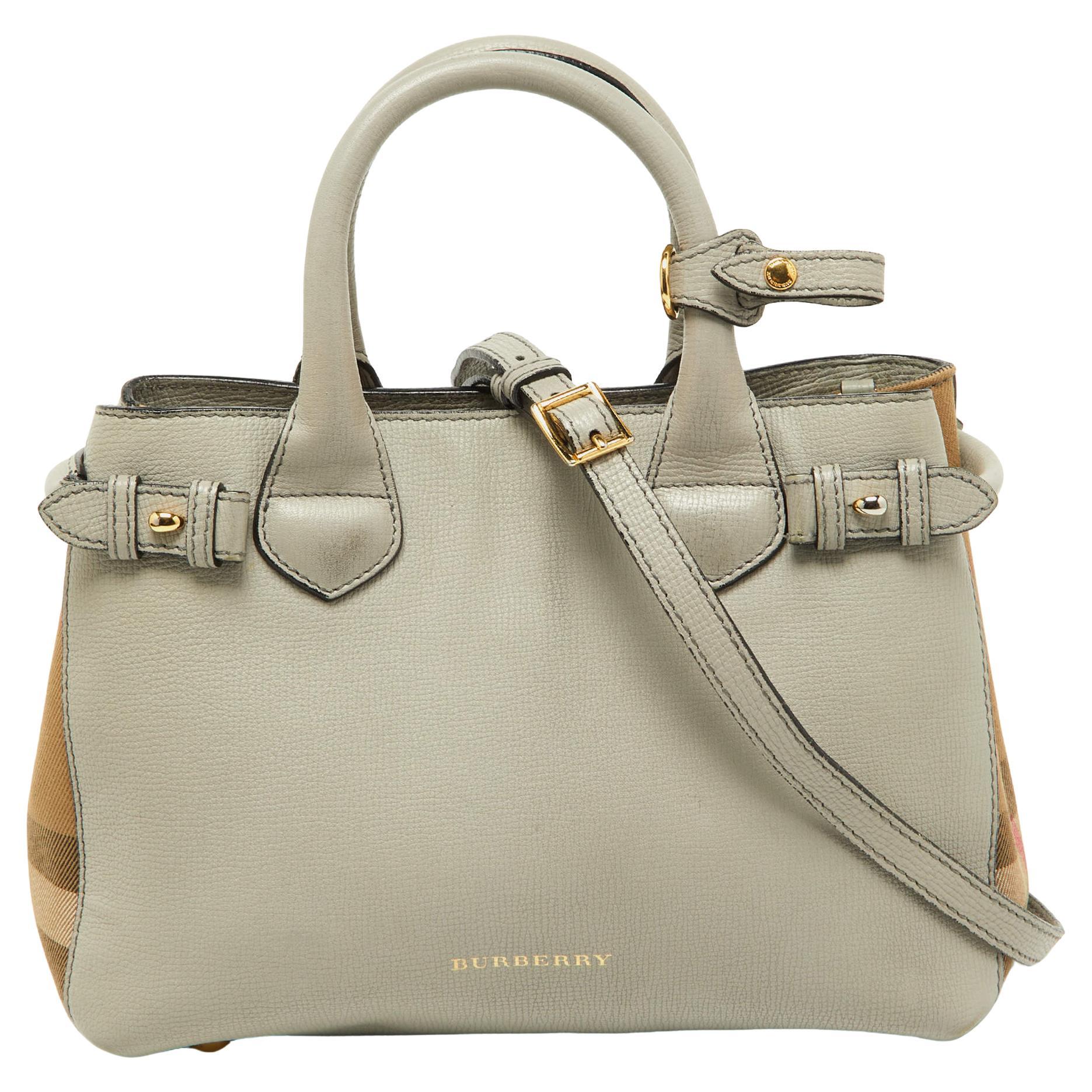 Burberry Grey/Beige Leather and House Check Fabric Small Banner Tote For Sale