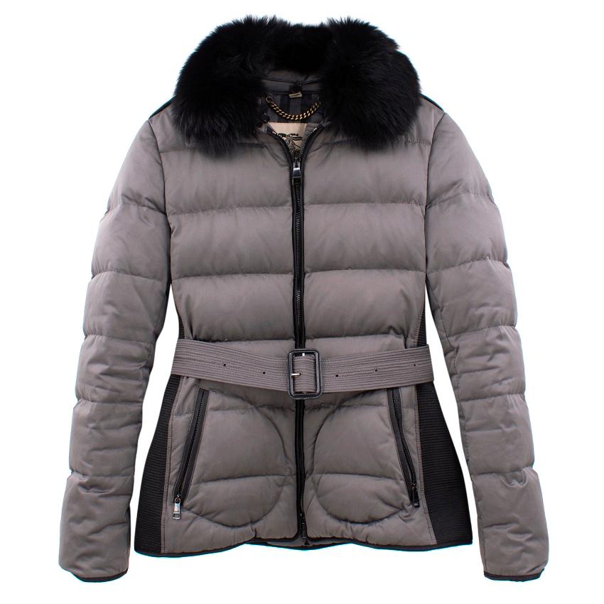 Black Burberry Grey Belted Fur Collar Puffer Jacket - Size Small For Sale