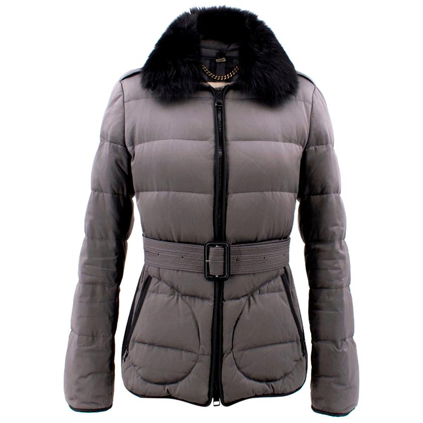 Burberry Grey Belted Fur Collar Puffer Jacket - Size Small For Sale