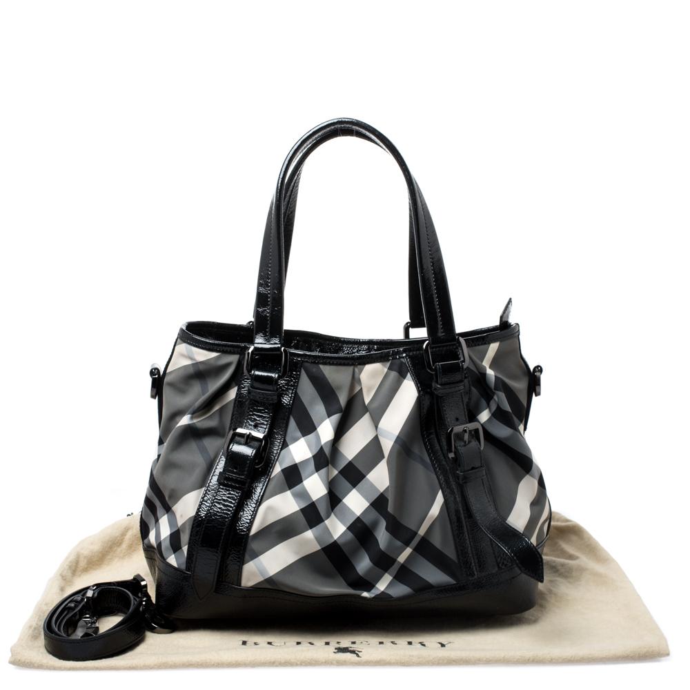 Burberry Grey/Black Beat Check Canvas And Patent Leather Lowry Tote 5