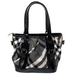 Burberry Grey/Black Beat Check Nylon and Patent Leather Lowry Tote