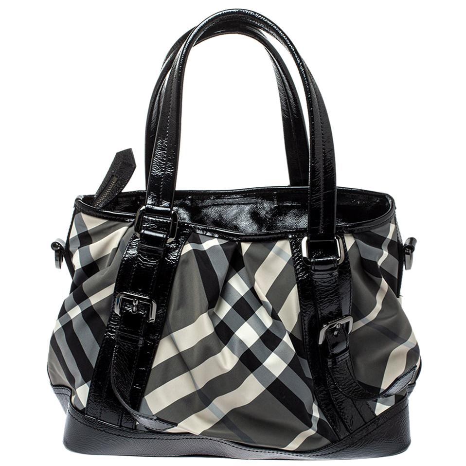 Burberry Grey/Black Beat Check Nylon And Patent Leather Lowry Tote at  1stDibs
