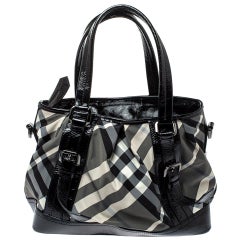 Burberry Grey/Black Beat Check Nylon And Patent Leather Lowry Tote