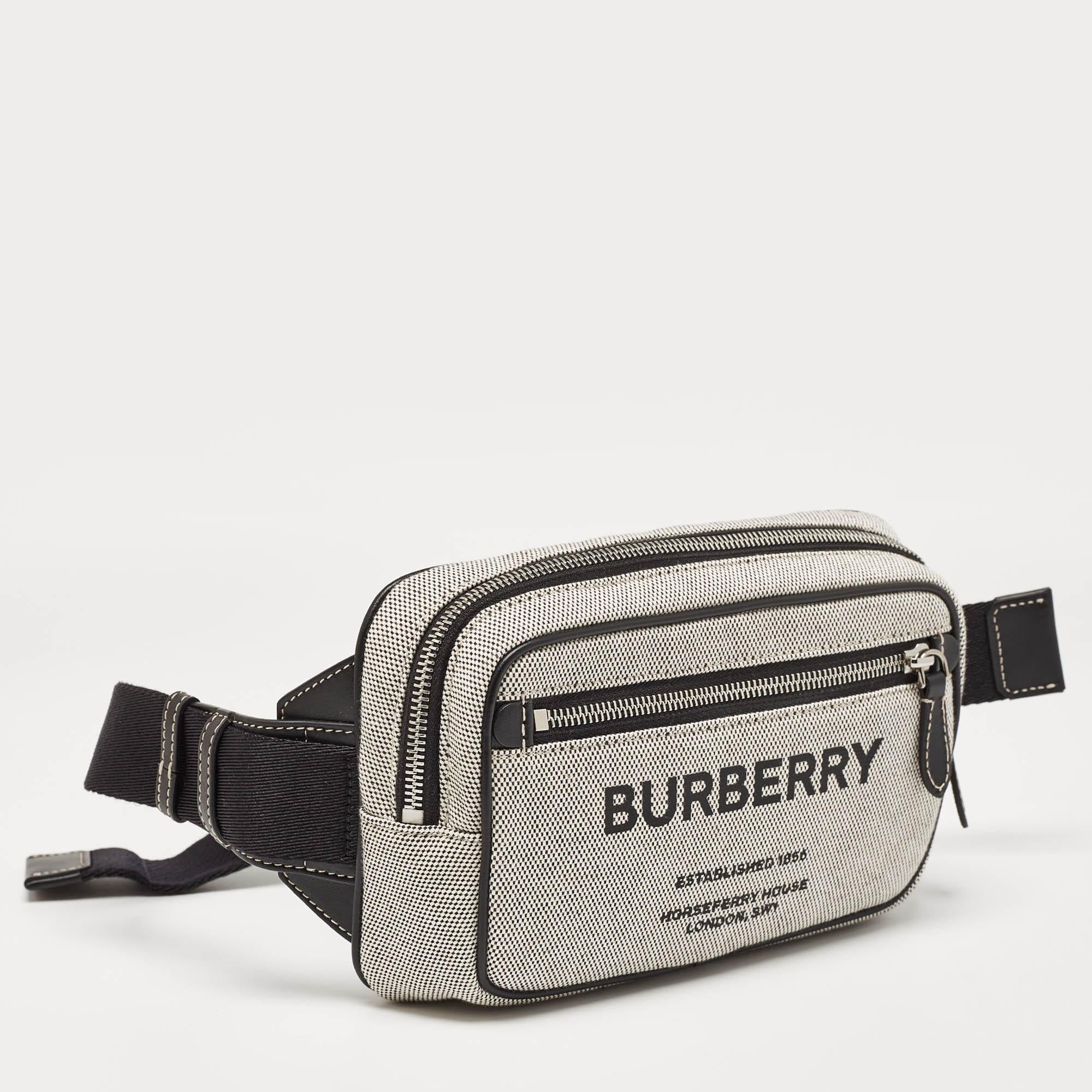 Gray Burberry Grey/Black Canvas and Leather West Belt Bag For Sale
