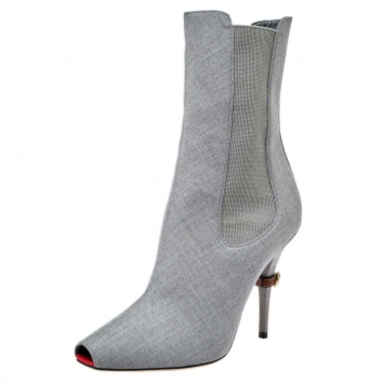 Burberry Grey Canvas And Elastic Fabric Peep Toe Kenzie Ankle Boots Size 37 For Sale 2