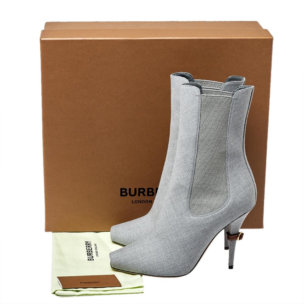 Gray Burberry Grey Canvas And Elastic Fabric Peep Toe Kenzie Ankle Boots Size 39 For Sale