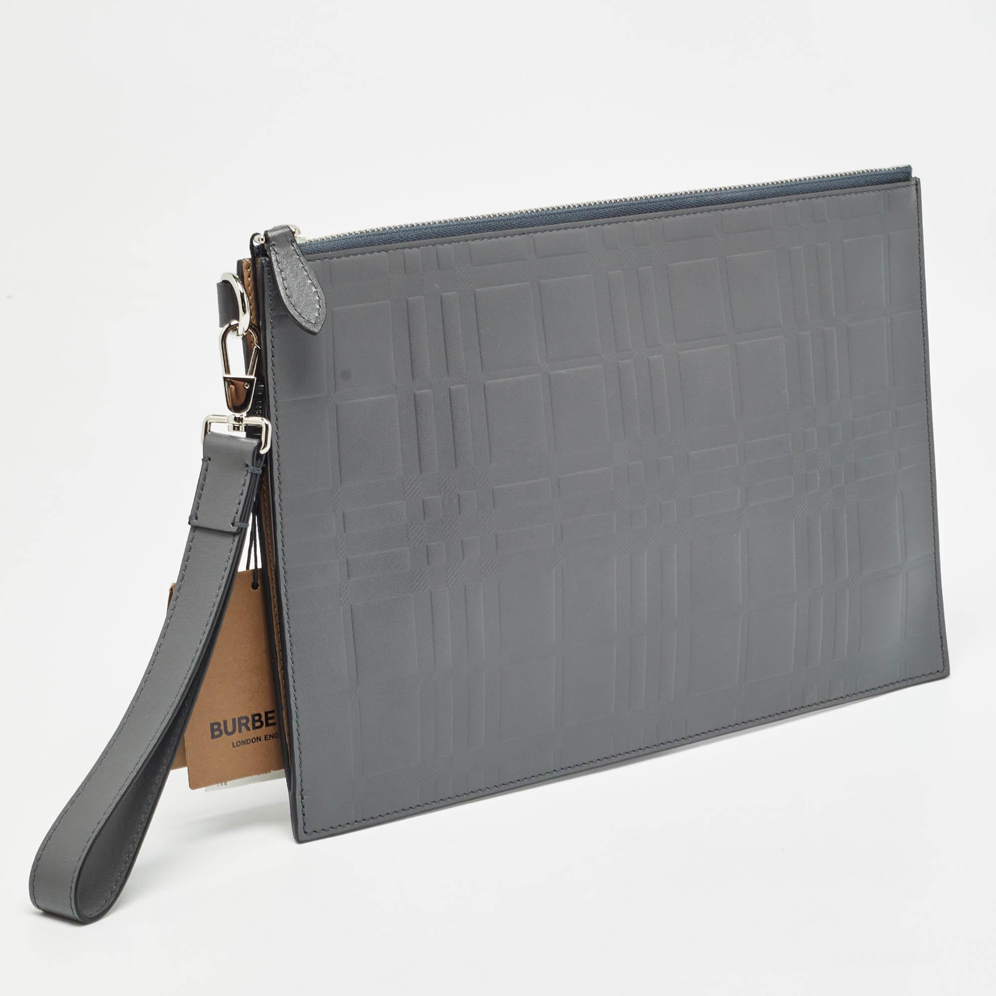 Gray Burberry Grey Check Embossed Leather Edin Zip Pouch