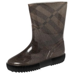 Burberry Grey Check Knit Fabric And PVC Rain Boots Size 35/36