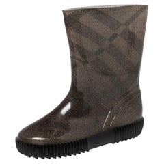 Used Burberry Grey Check Knit Fabric And PVC Rain Boots Size 35/36