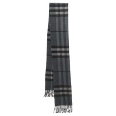 Burberry Grey Check Patterned Cashmere Fringed Scarf