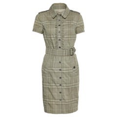 Burberry Grey Checked Cotton Blend Ruffled Detail Belted Shirt Dress S