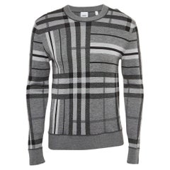 Burberry Grey Checked Wool Knit Crew Neck Sweater S