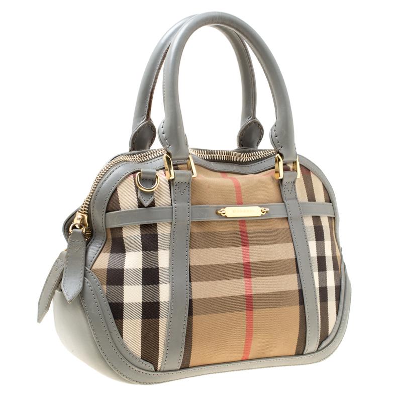 Burberry Grey House Check Fabric and Leather Orchard Bowler Bag In Excellent Condition In Dubai, Al Qouz 2