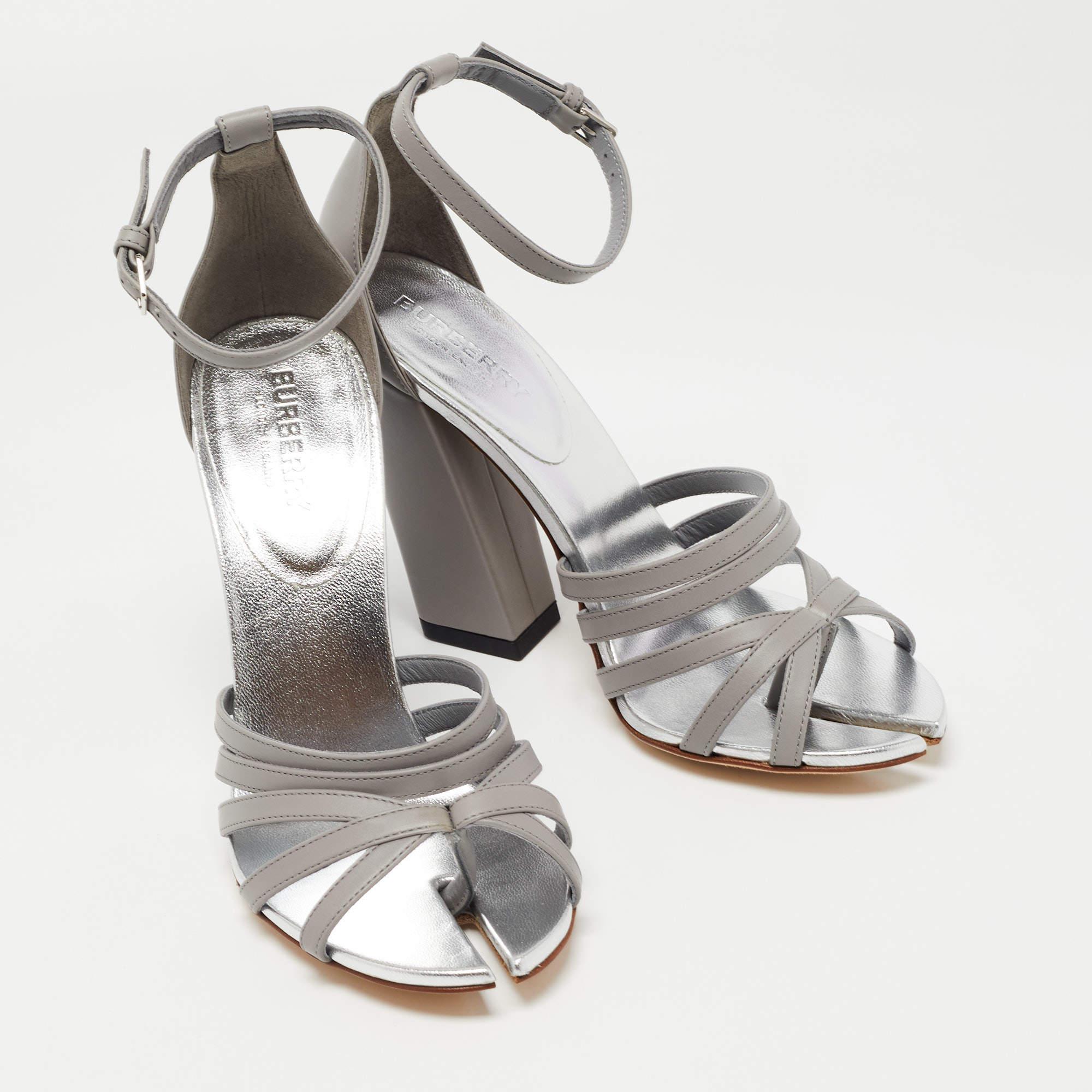 Women's Burberry Grey Leather Hove Ankle Strap Sandals Size 36