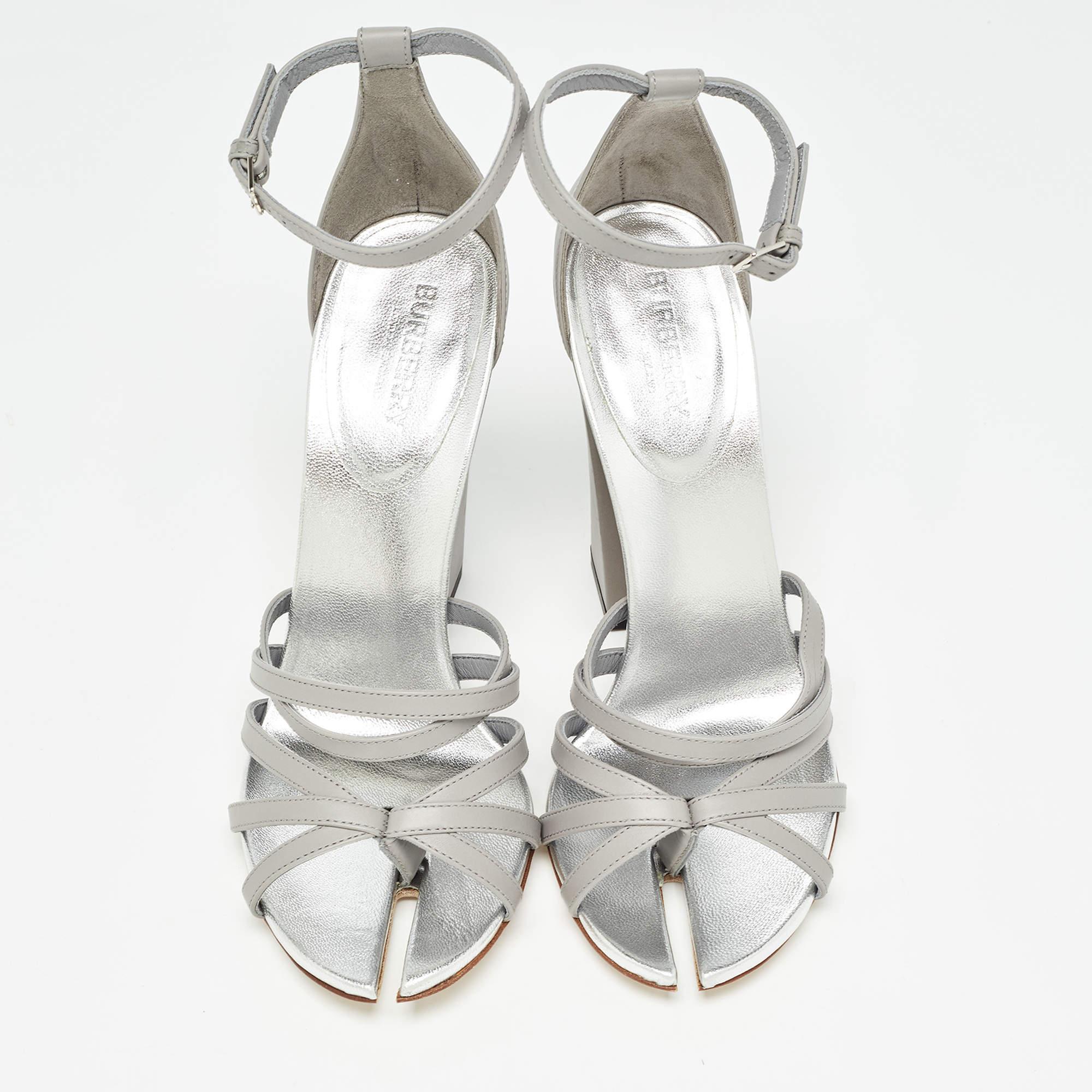 Gray Burberry Grey Leather Hove Ankle Strap Sandals Size 39 For Sale