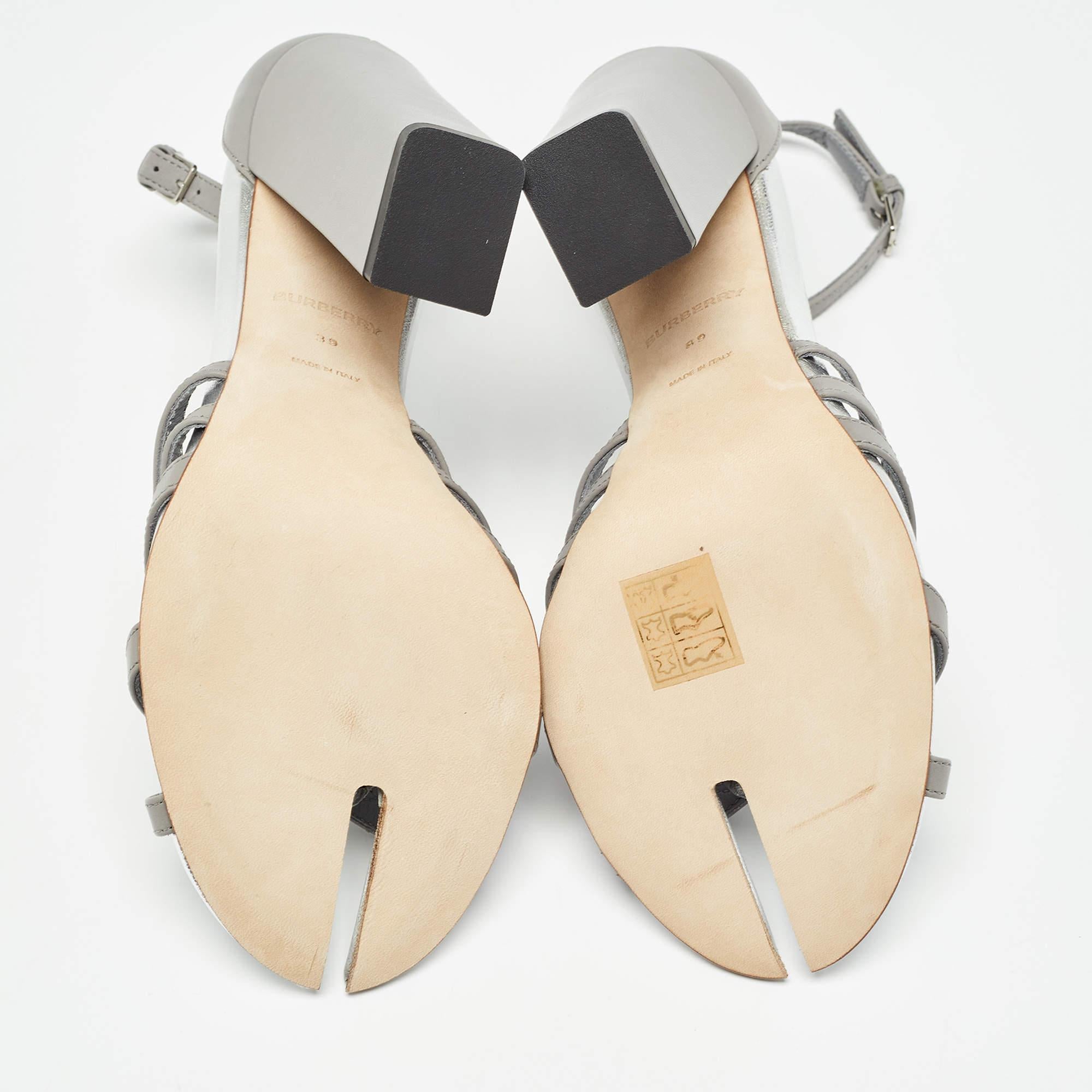 Burberry Grey Leather Hove Ankle Strap Sandals Size 39 For Sale 1