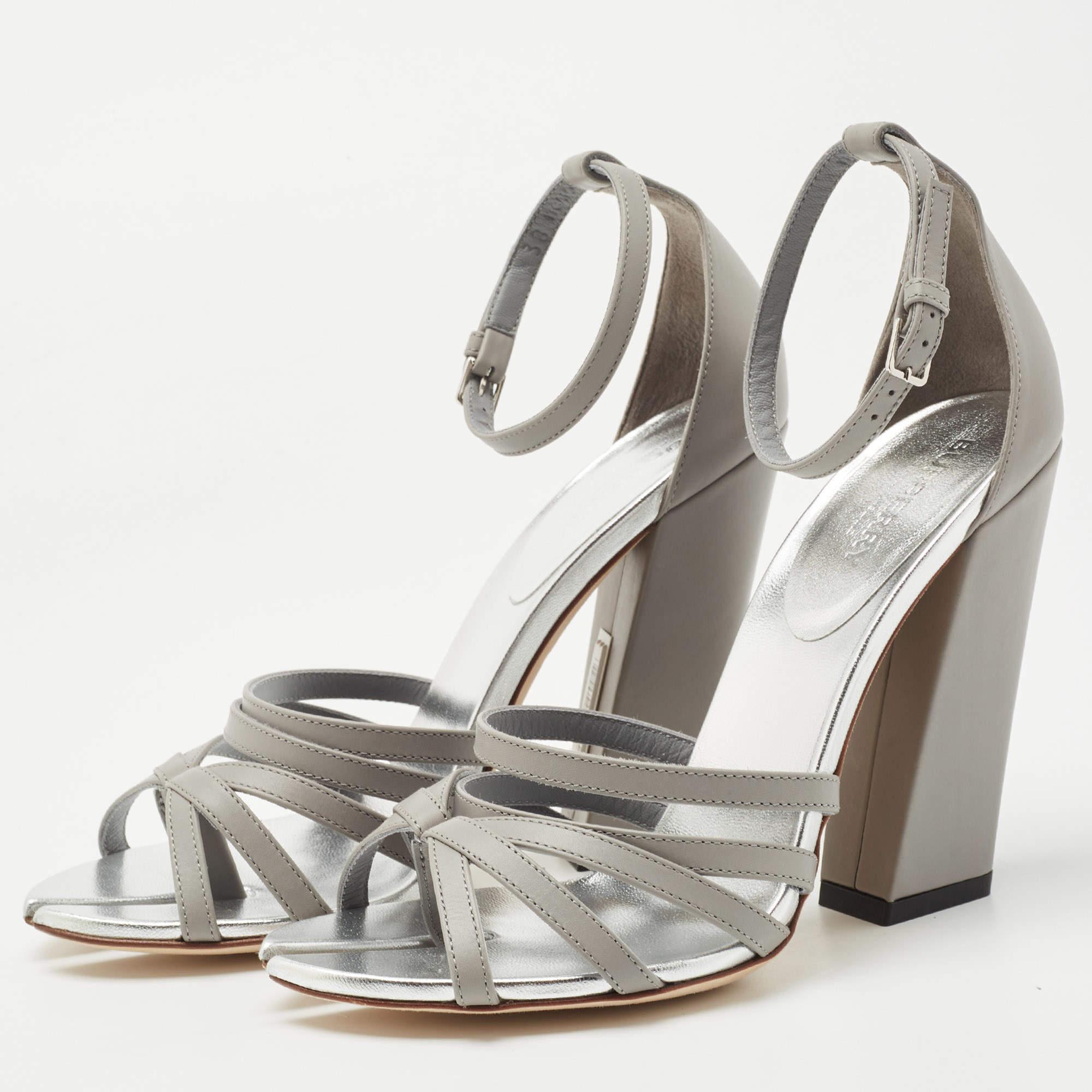 Women's Burberry Grey Leather Hovehigh Ankle Strap Sandals Size 38