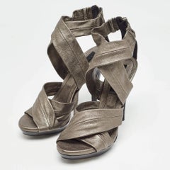 Burberry Grey Leather Platform Ankle Wrap Sandals Size 39