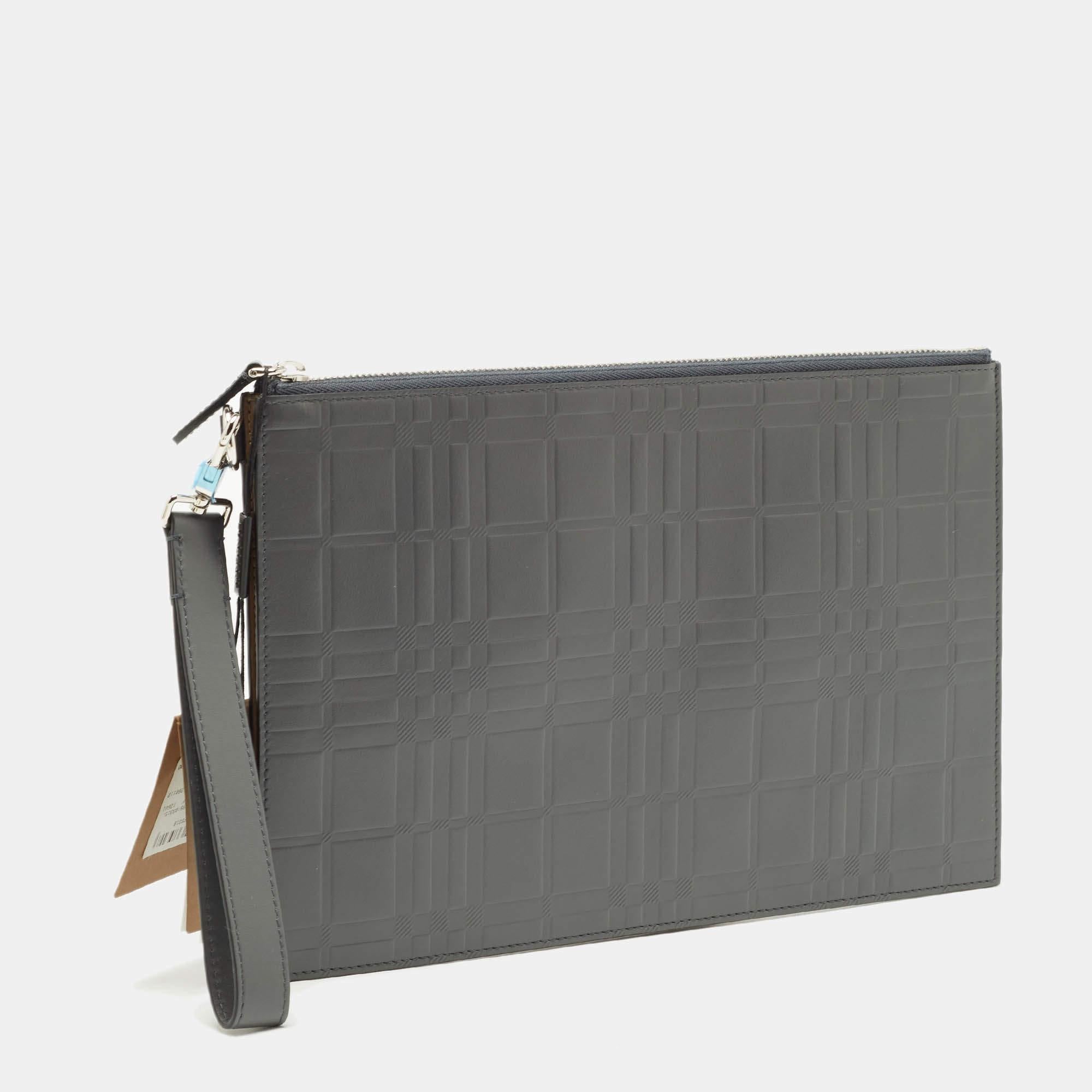Burberry Grey Leather Wristlet Zip Pouch 2