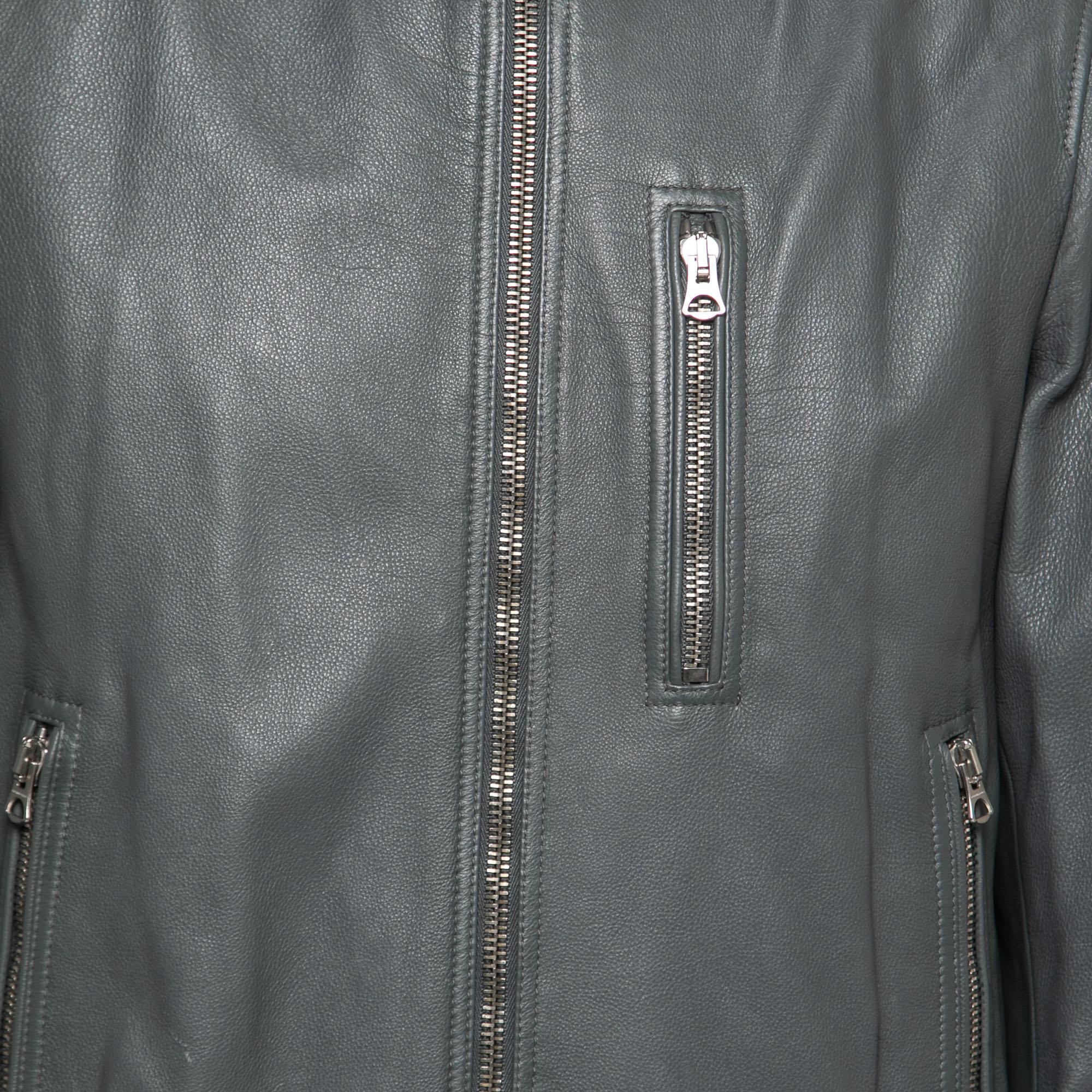 Gray Burberry Grey Leather Zip Front Long Sleeve Jacket XL