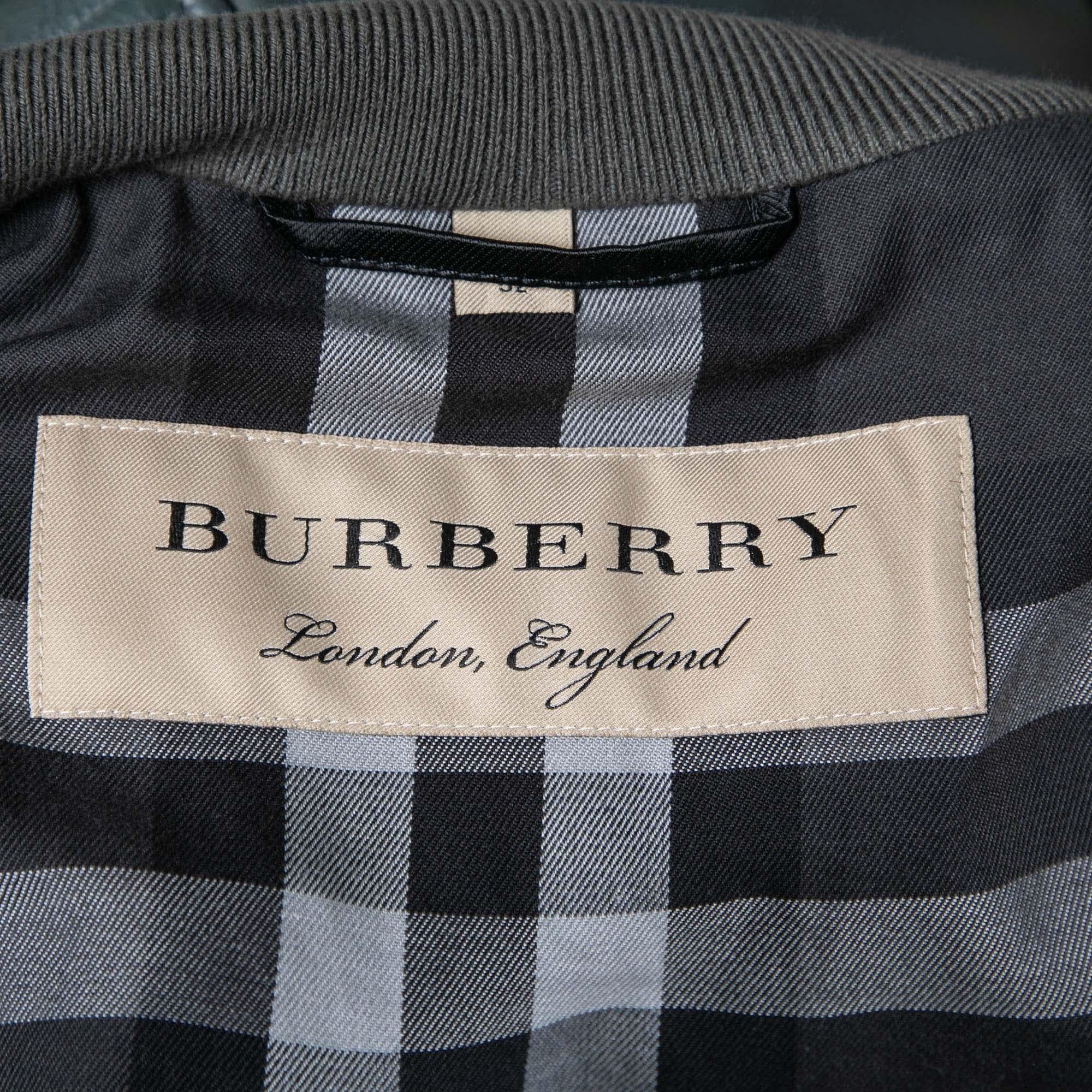 Burberry Grey Leather Zip Front Long Sleeve Jacket XL In Good Condition In Dubai, Al Qouz 2