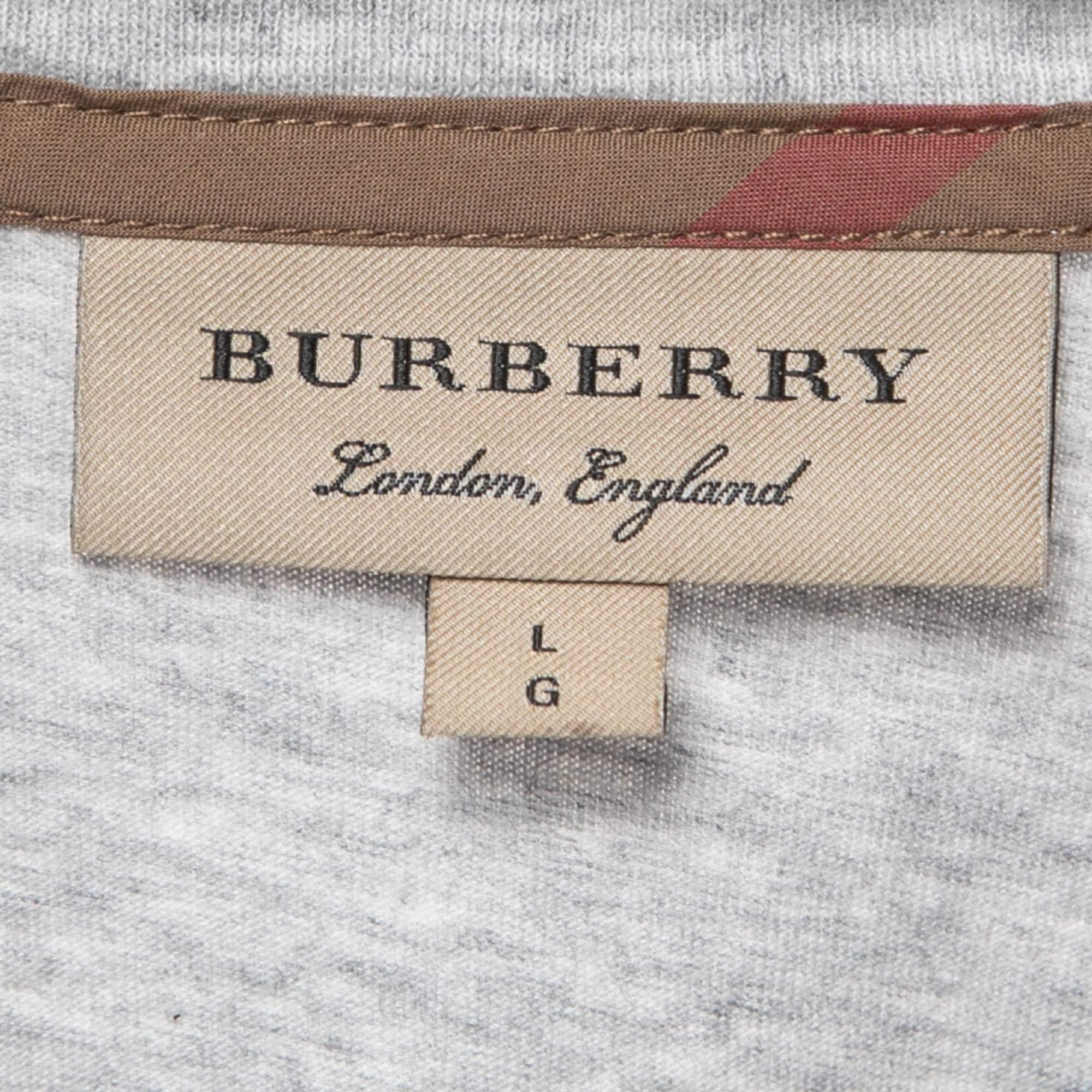 Burberry Grey Logo Embroidered Cotton Half Sleeve T-Shirt L 1