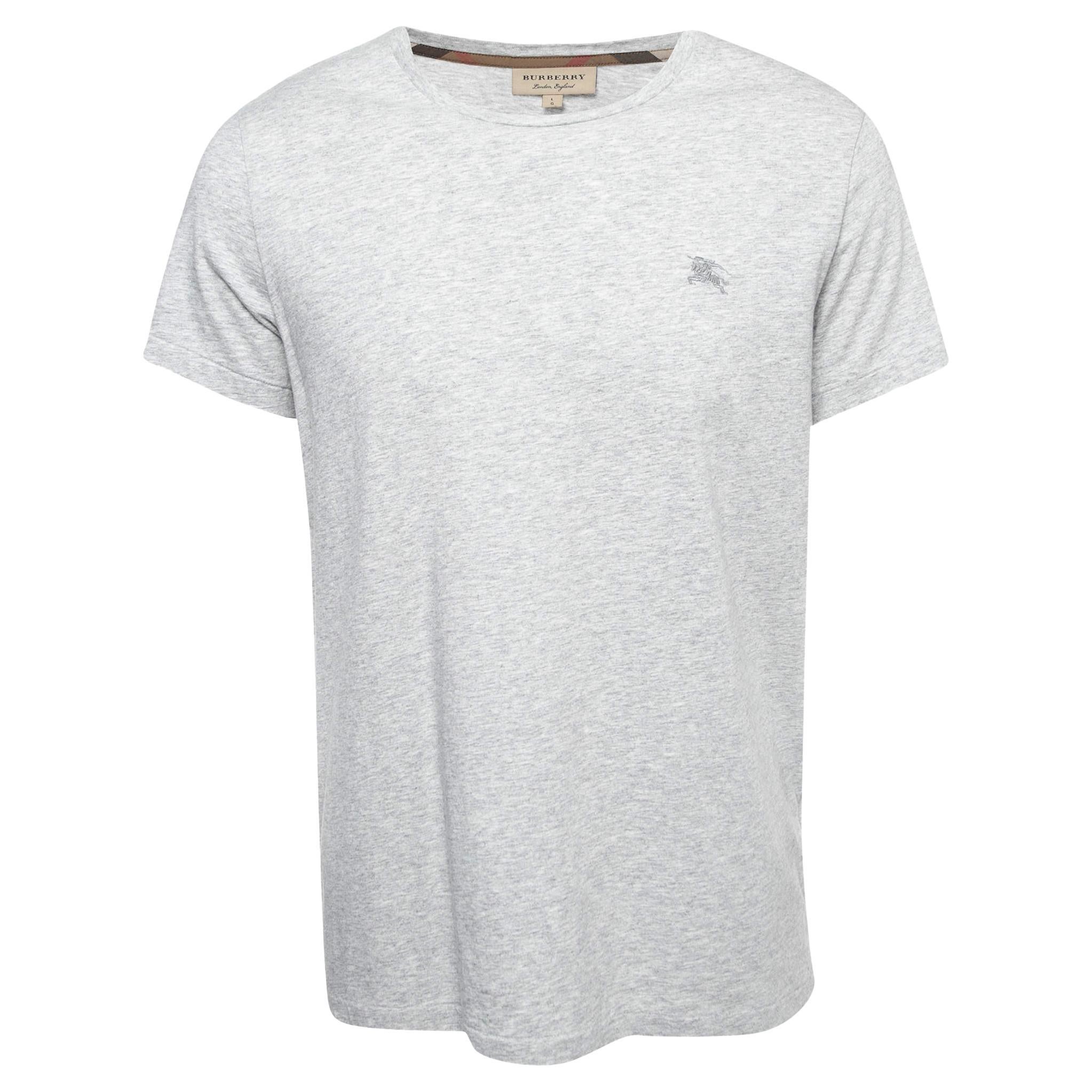 Burberry Grey Logo Embroidered Cotton Half Sleeve T-Shirt L