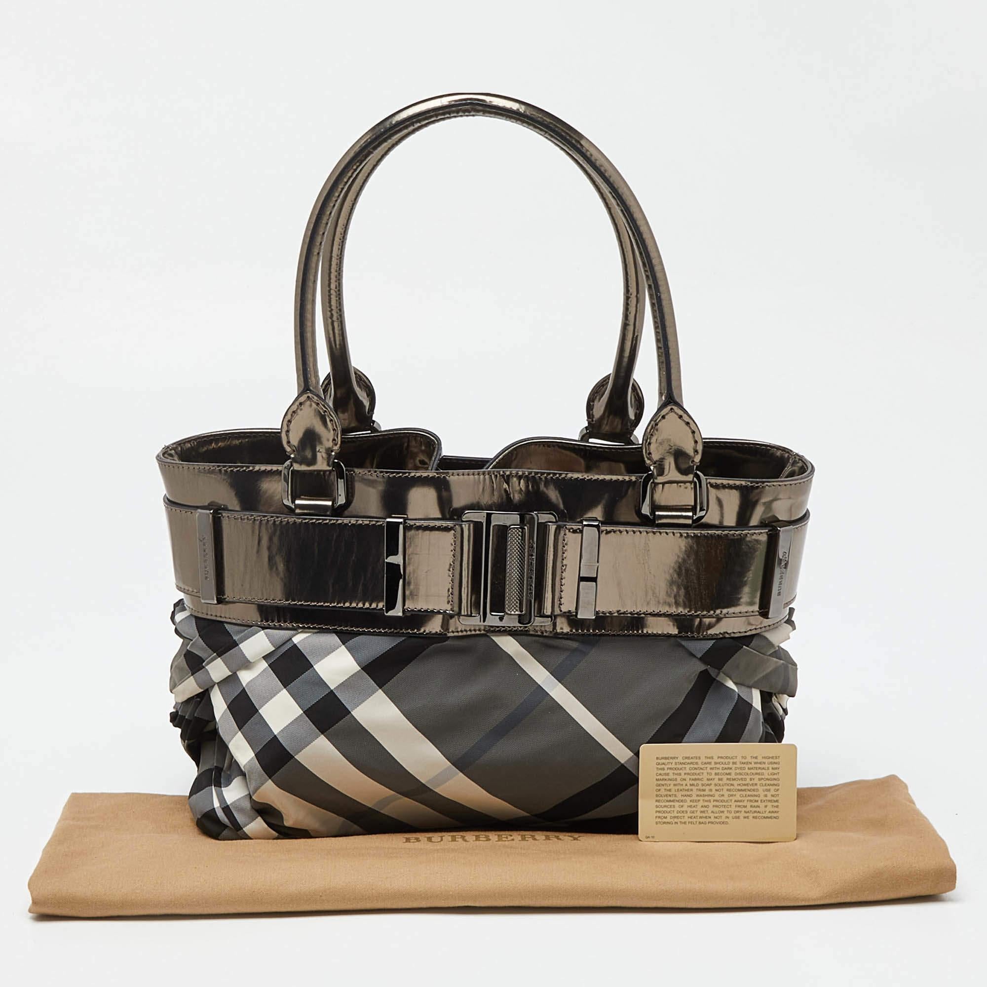 Burberry Grey/Metallic Beat Check Nylon and Leather Easton Landscape Tote For Sale 1