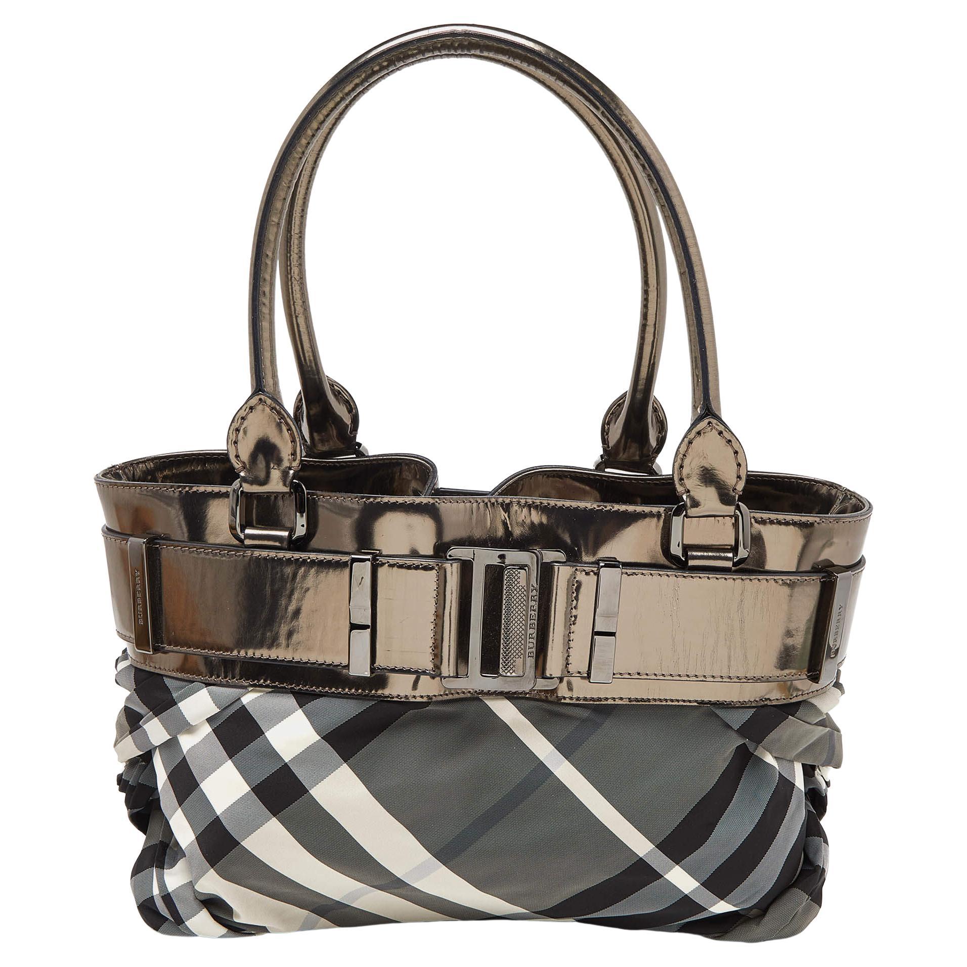 Burberry Grey/Metallic Beat Check Nylon and Leather Easton Landscape Tote For Sale