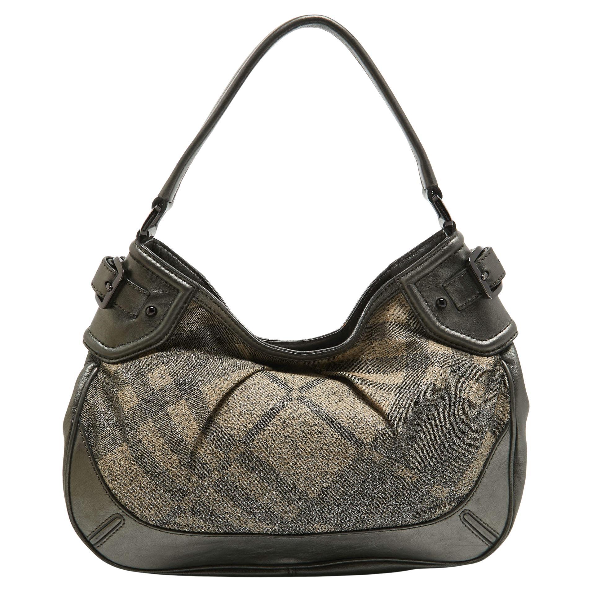 Burberry Grey Nova Check Lurex and Leather Fairby Hobo For Sale