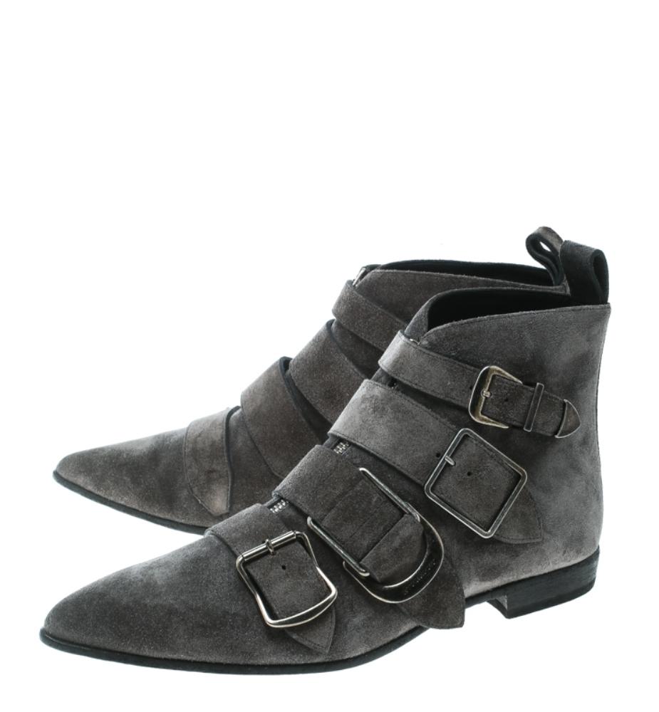 Burberry Grey Suede Milner Buckle Detail Pointed Toe Ankle Boots Size 39 1
