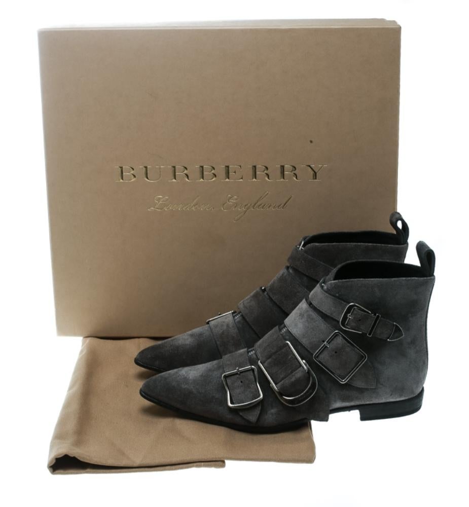 Burberry Grey Suede Milner Buckle Detail Pointed Toe Ankle Boots Size 39 2