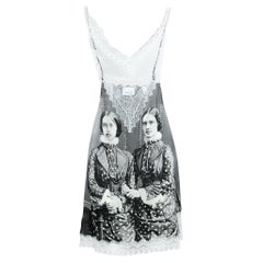 Burberry Grey Victorian Portrait Printed Silk & Lace Inset Slip Dress M