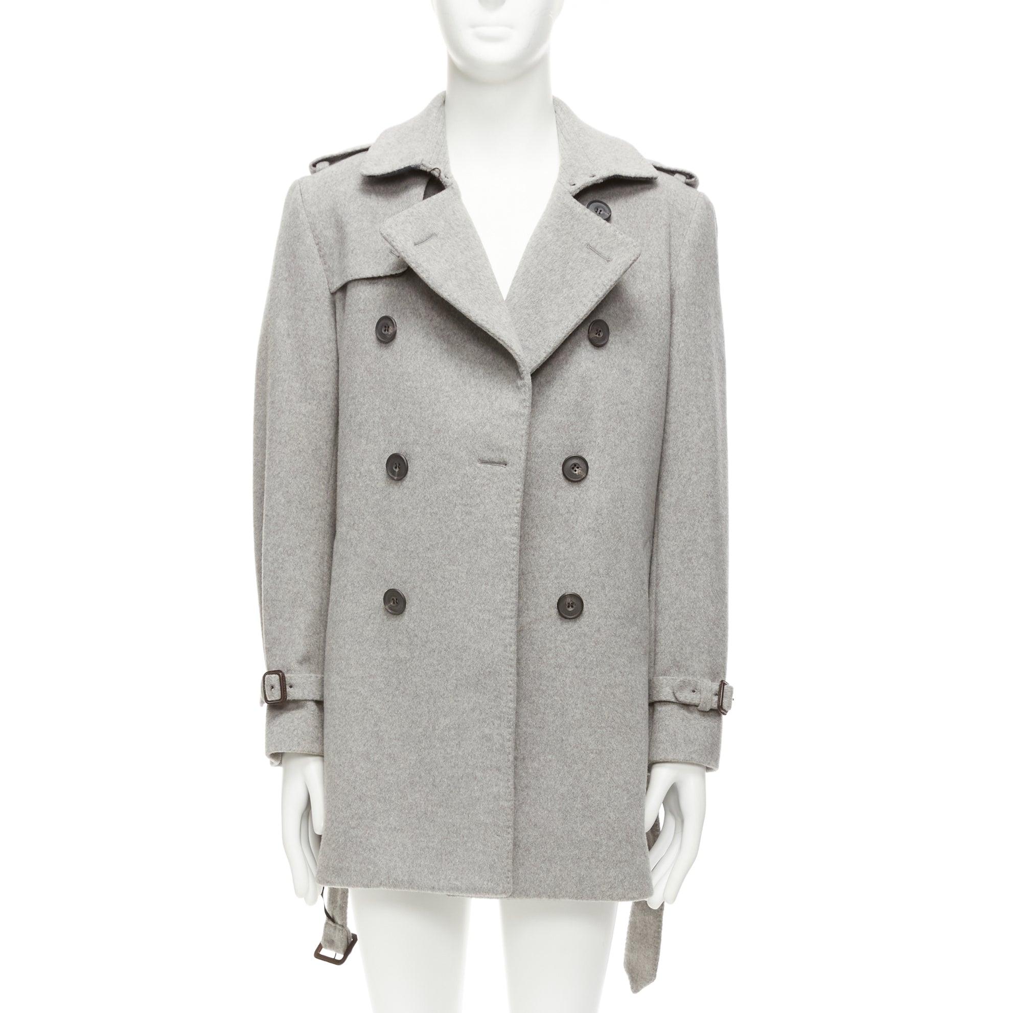 BURBERRY grey virgin wool cashmere logo horn button trench coat IT48 M In Good Condition For Sale In Hong Kong, NT