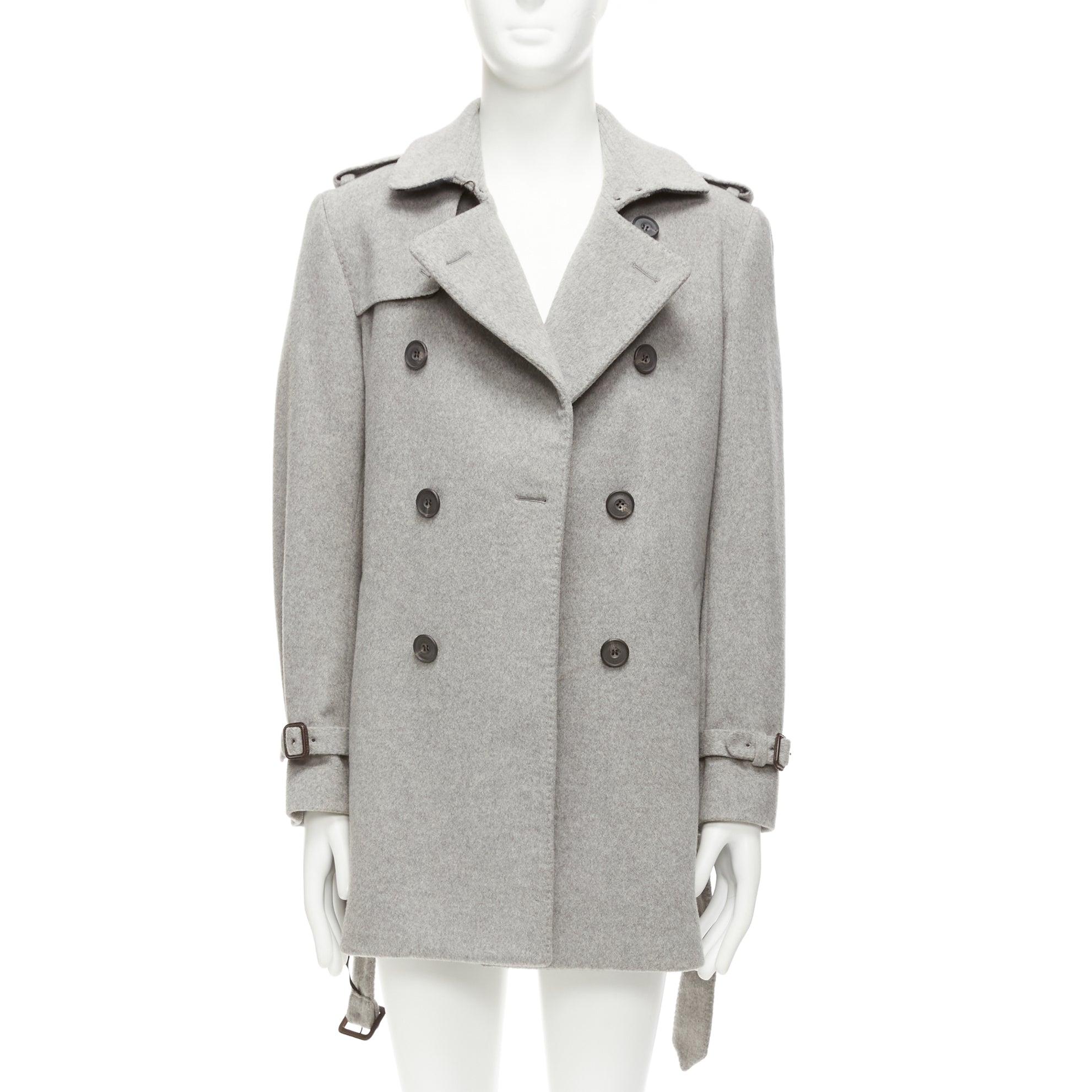 Gray BURBERRY grey virgin wool cashmere logo horn button trench coat IT48 M