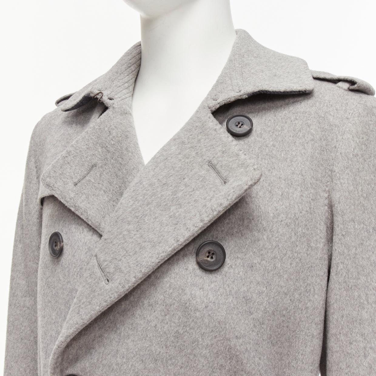 BURBERRY grey virgin wool cashmere logo horn button trench coat IT48 M For Sale 4