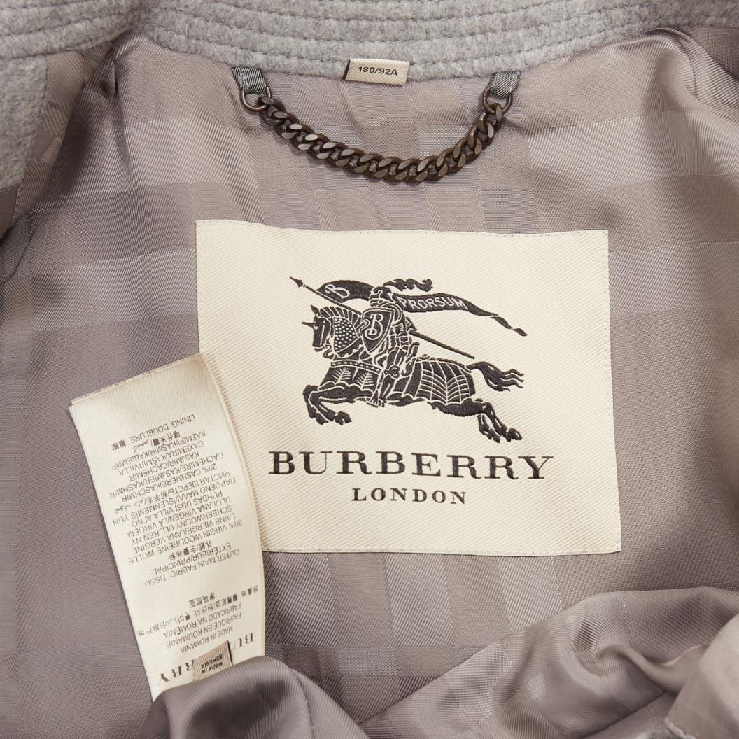BURBERRY grey virgin wool cashmere logo horn button trench coat IT48 M For Sale 5